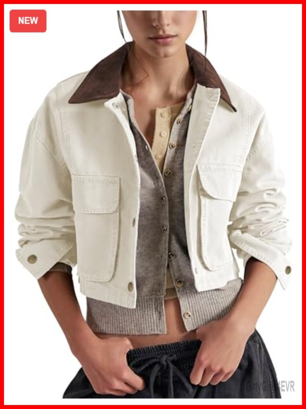 100% Cotton Crop Barn Jacket Contrast Collar Utility Cargo Outwear